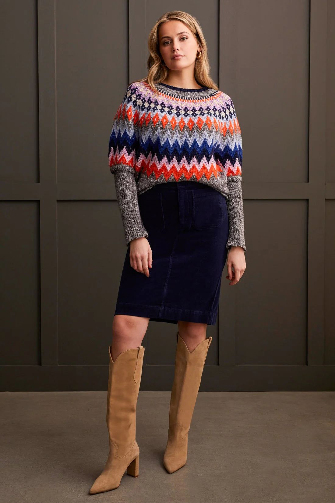 TRIBAL GREY MIX GROUND INTARSIA RIBBED SWEATER