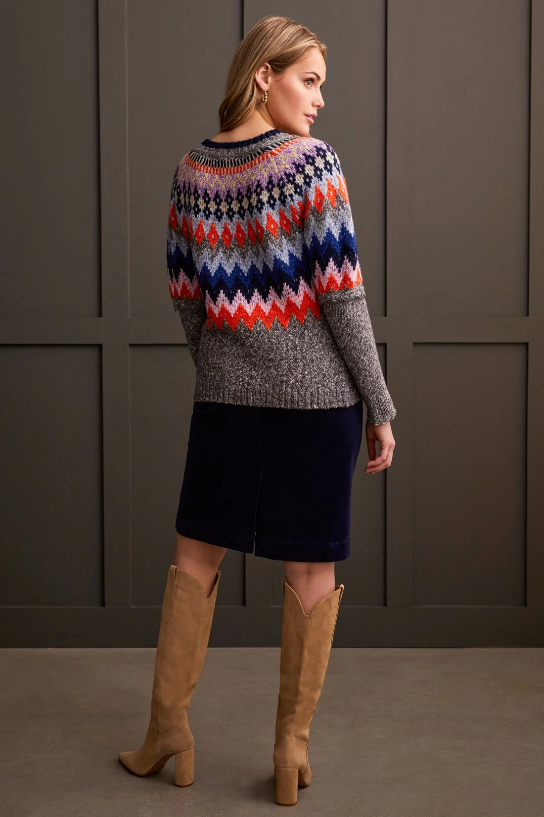 TRIBAL GREY MIX GROUND INTARSIA RIBBED SWEATER