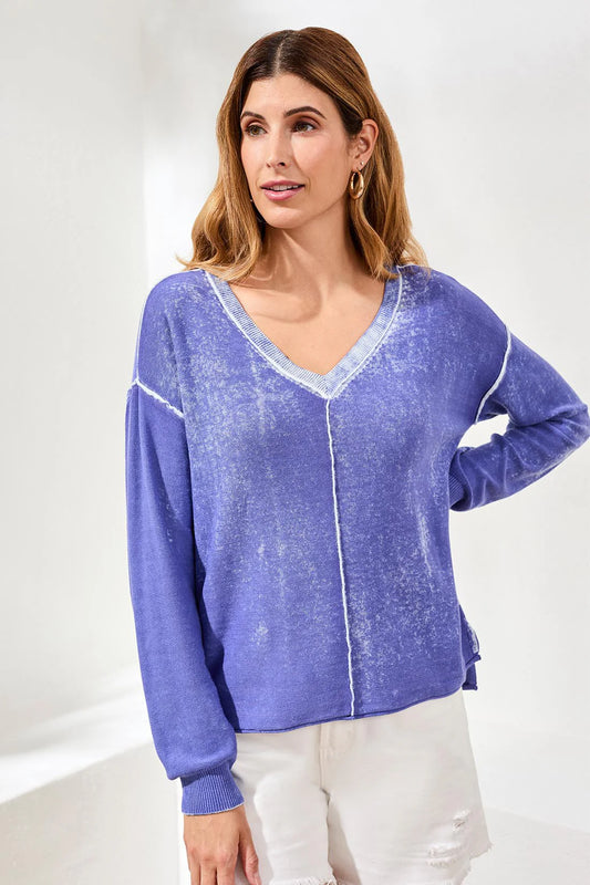 TRIBAL Baja Blue Lightweight Cotton V-Neck Sweater With Special Wash