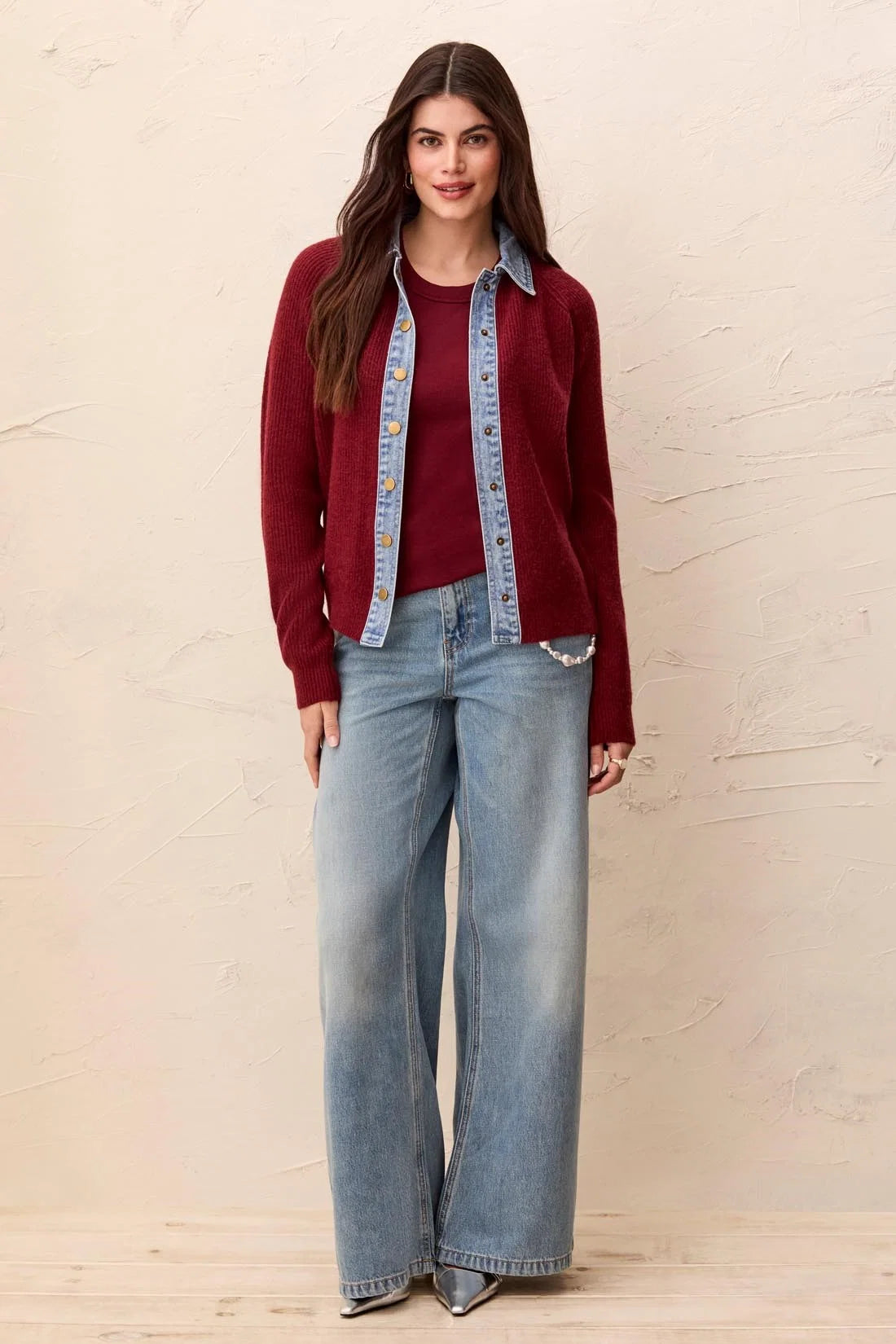TRIBAL MIXED MEDIA SWEATER JACKET WITH DENIM TRIM DETAIL - CherryLaquer
