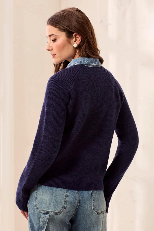 TRIBAL MIXED MEDIA SWEATER JACKET WITH DENIM TRIM DETAIL