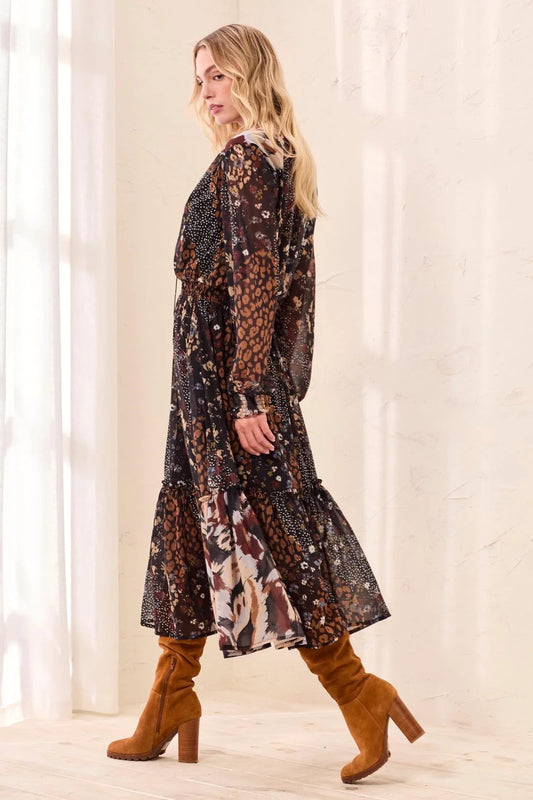 TRIBAL MIXED PRINT DRAMA MAXI DRESS WITH SMOCKED WAIST AND TASSEL-TIE NECK