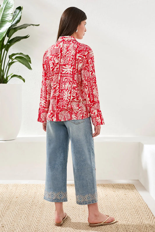 TRIBAL PRINTED TEXTURED CHALLIS BLOUSE WITH TIE FRONT