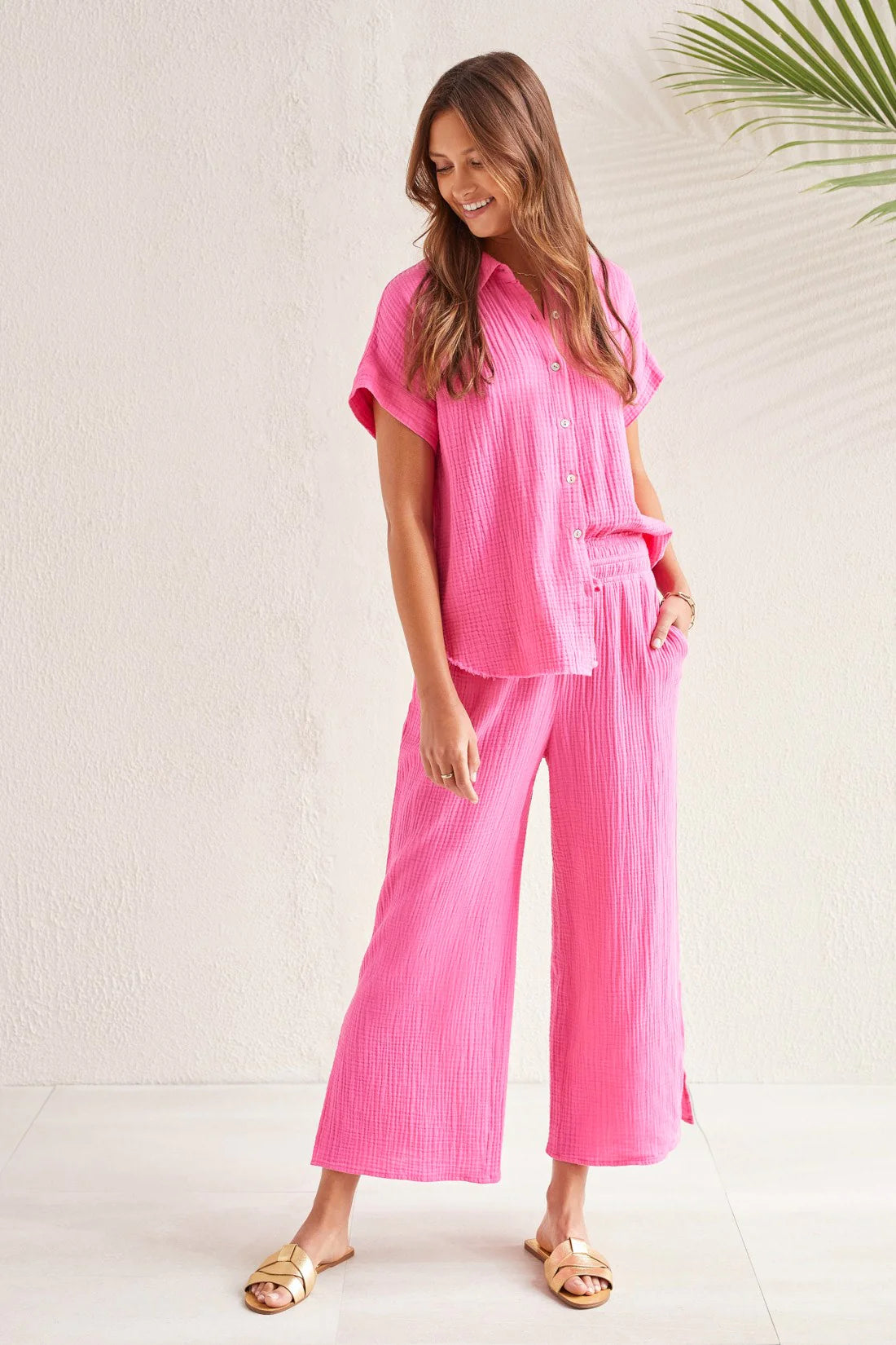 TRIBAL COTTON GAUZE WEAR 2 WAYS WIDE LEG PANT WITH SLITS(Black and Hi Pink)