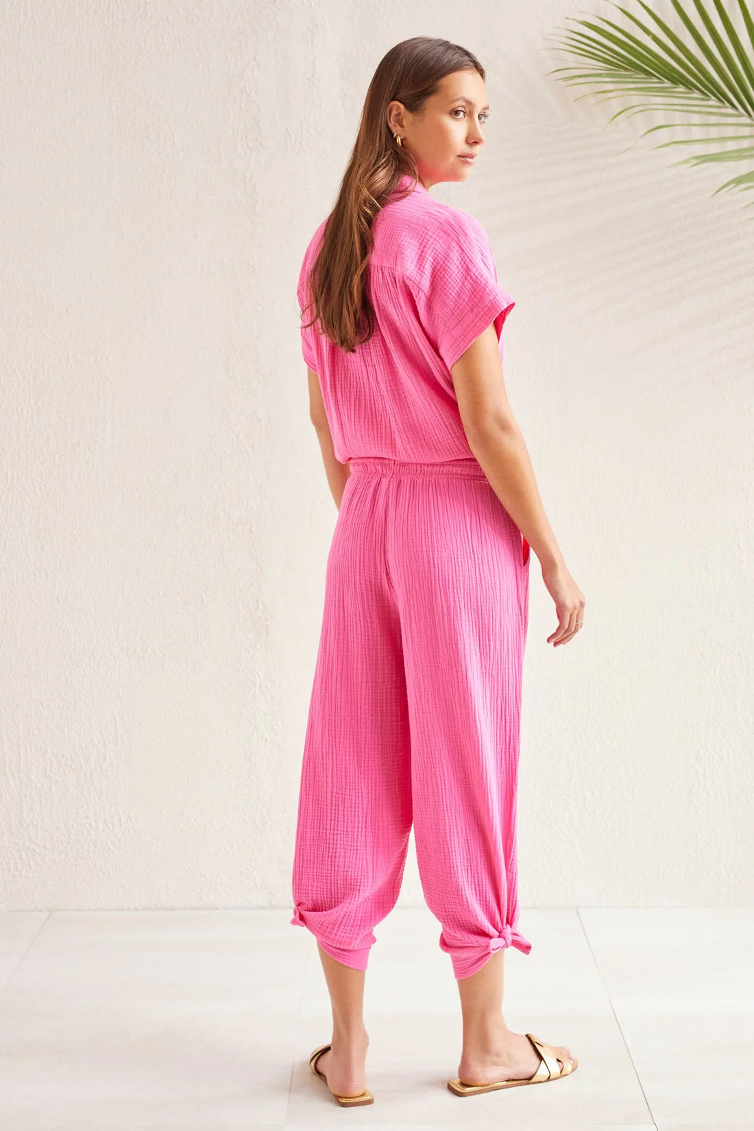 TRIBAL COTTON GAUZE WEAR 2 WAYS WIDE LEG PANT WITH SLITS(Black and Hi Pink)