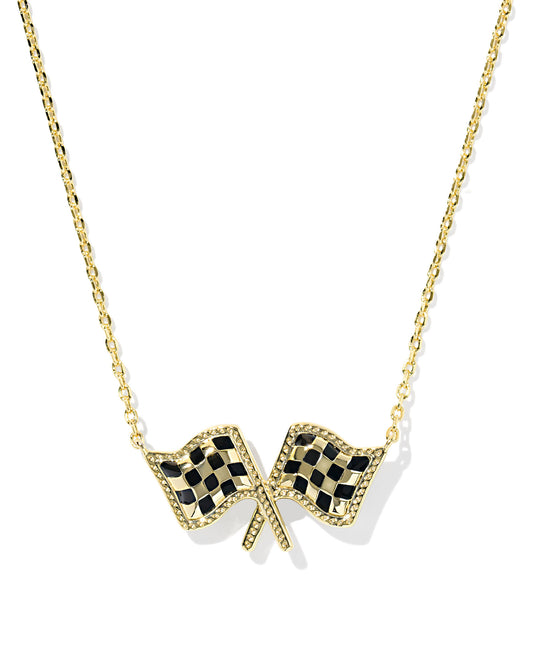 Kendra Scott CHECKERED FLAG SHORT PENDANT NECKLACE GOLD WHITE MOTHER OF PEARL
