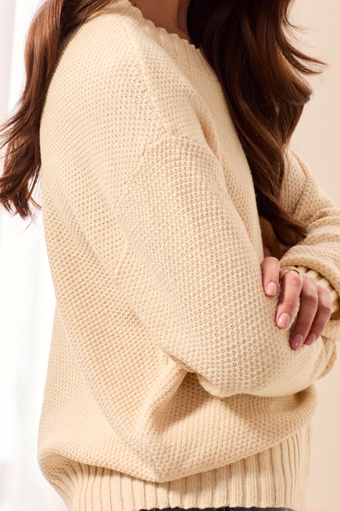TRIBAL CREW NECK HIGH LOW SWEATER-ANTIQUEWHITE