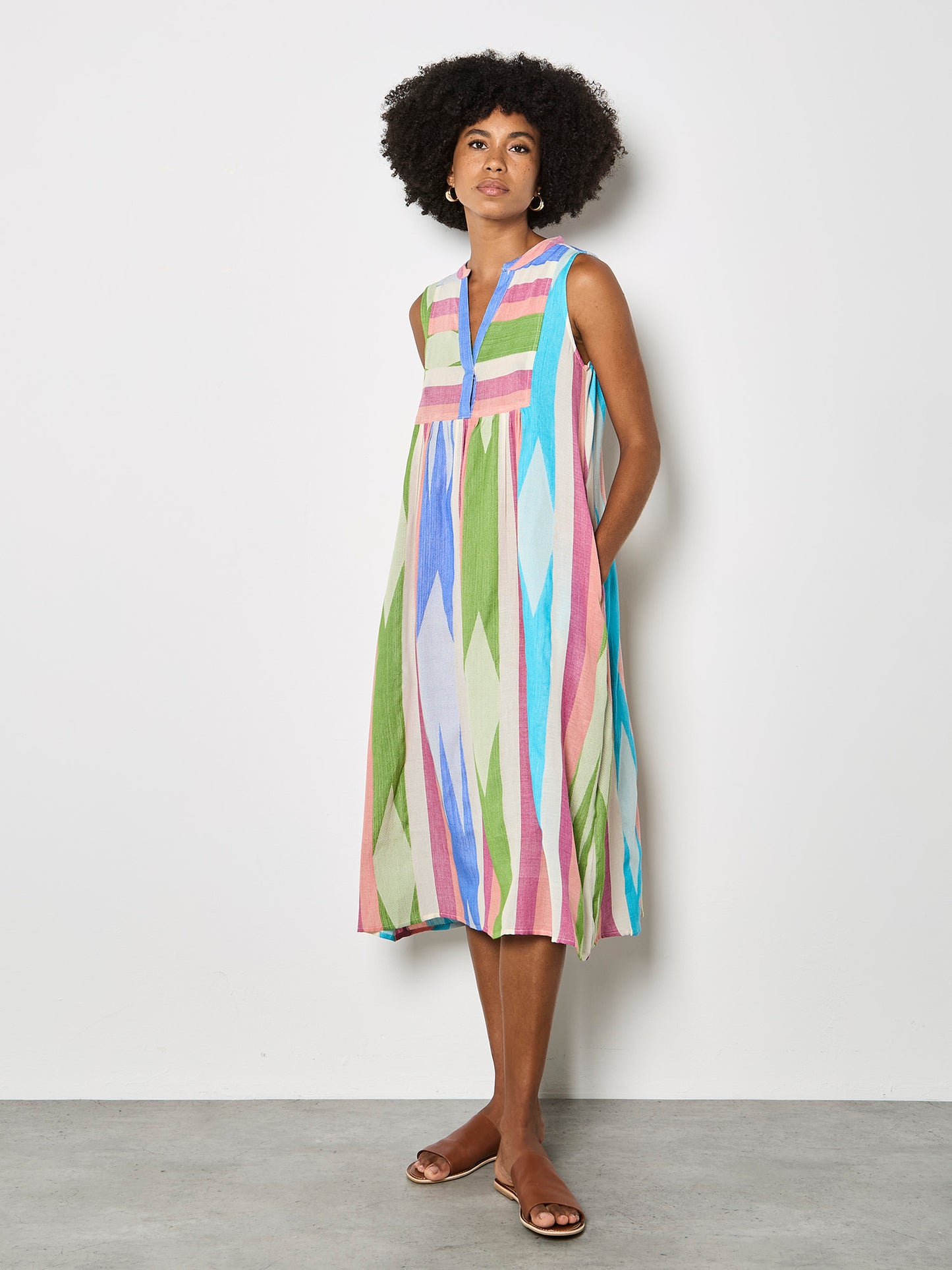 Apricot Jacquard Cotton Stripe Mid Dress