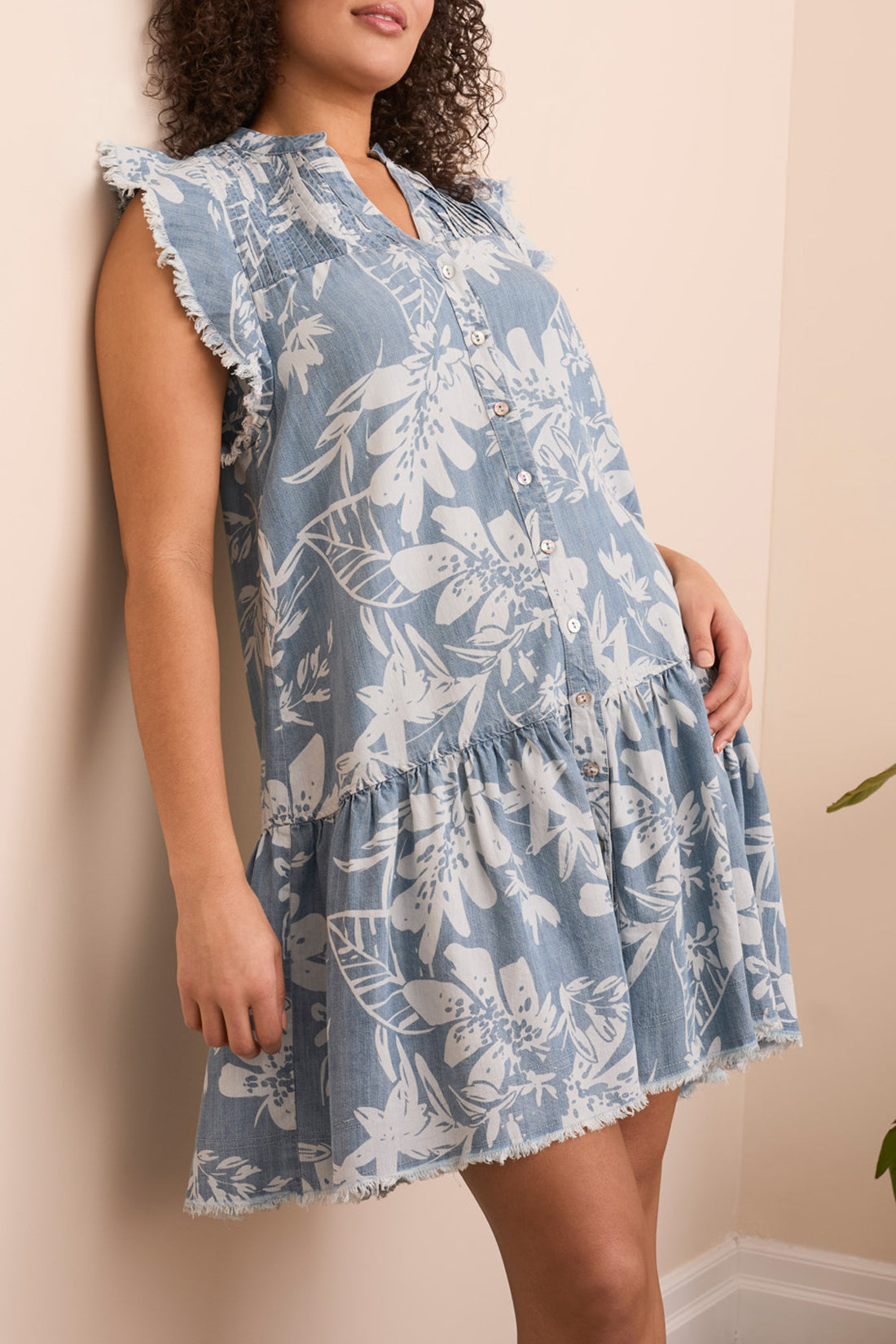 TRIBAL RUFFLE SLEEVE BUTTON DOWN DRESS