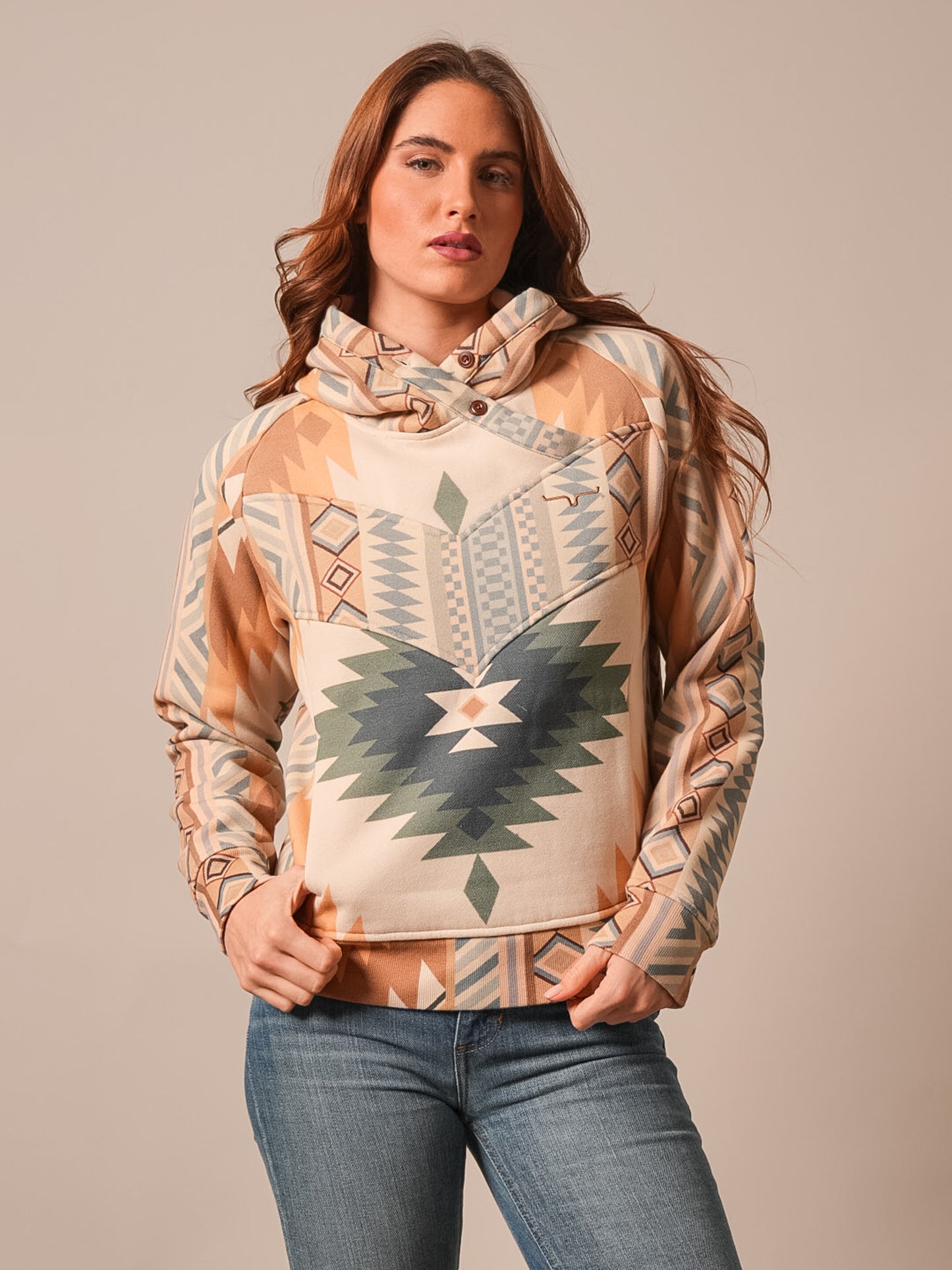 KIMES RANCH WOMEN'S ELLA SAND AZTEC PRINT COWL NECK HOODIE