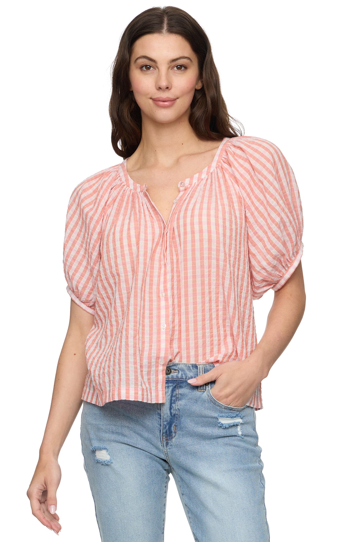 Flag & Anthem CAROLINA PUCKER SS BUTTON FRONT PEASENT BLOUSE