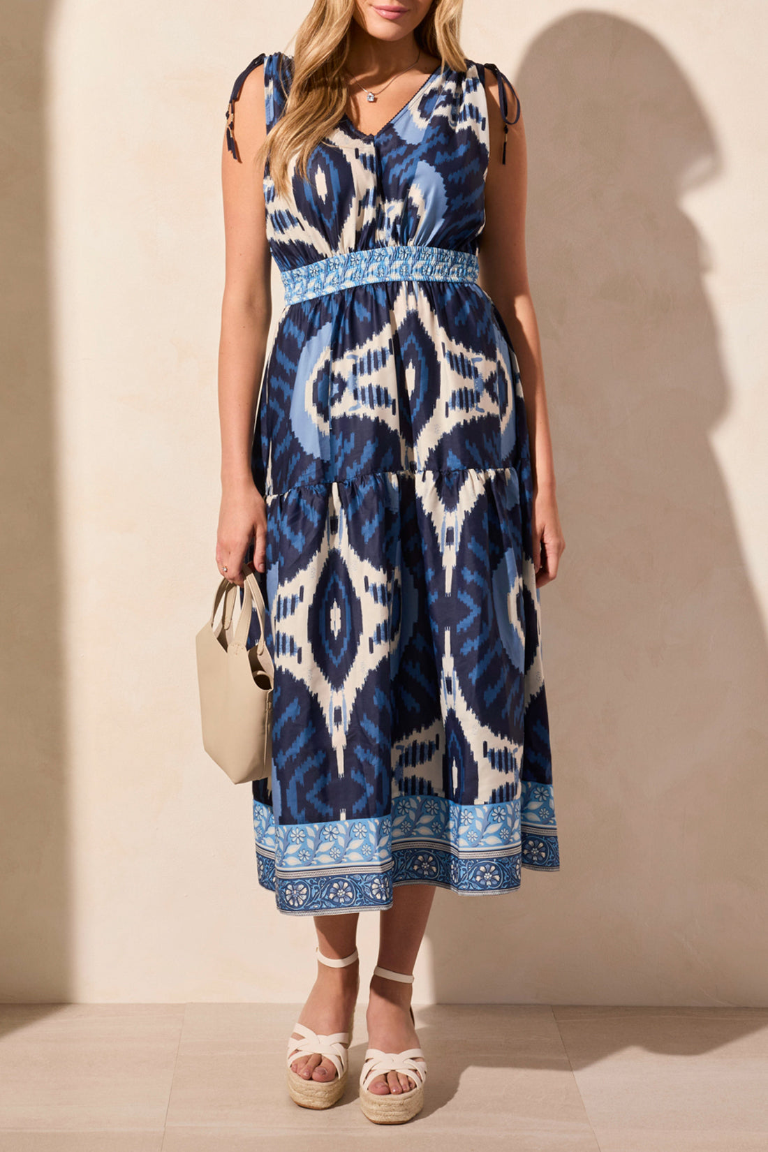 TRIBAL PRINTED MAXI DRESS WITH SHOULDER TIES-NAUTICAL