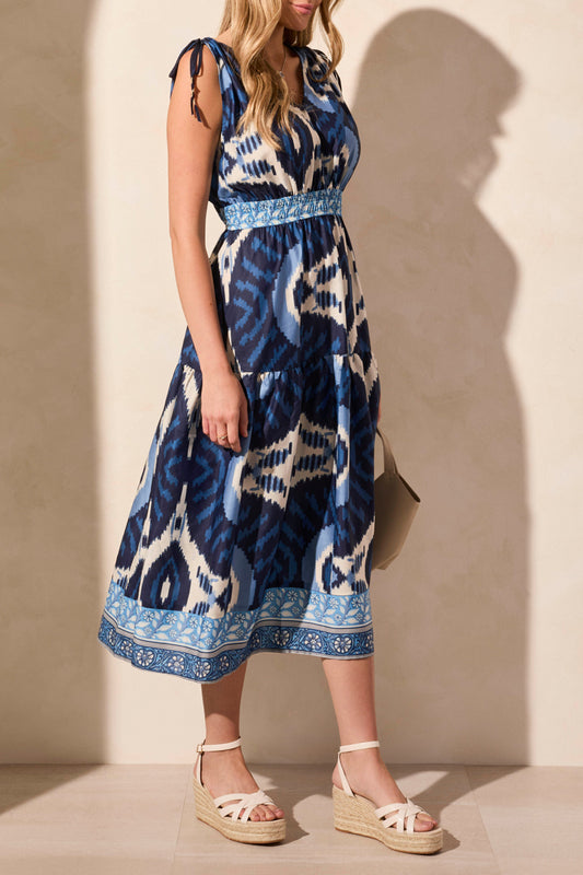 TRIBAL PRINTED MAXI DRESS WITH SHOULDER TIES-NAUTICAL