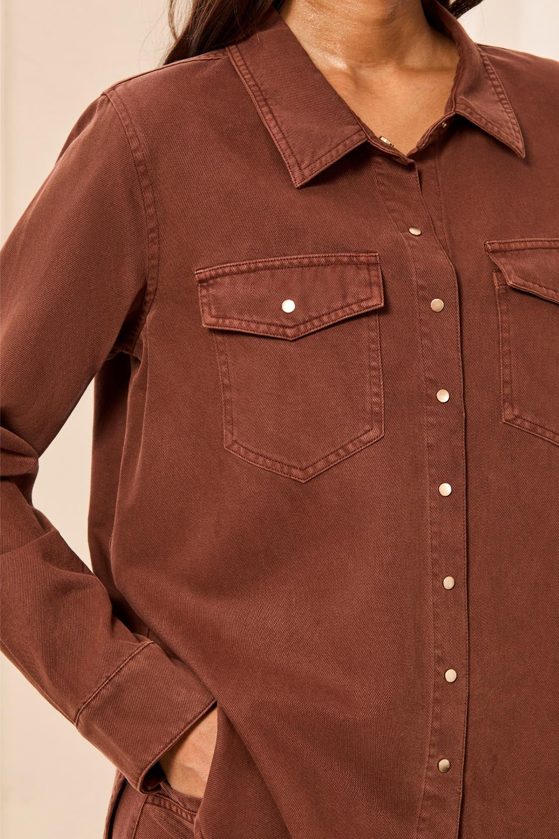 TRIBAL CLASSIC DENIM SHIRT W/ROLL UP SLEEVES-RUSTICBROWN