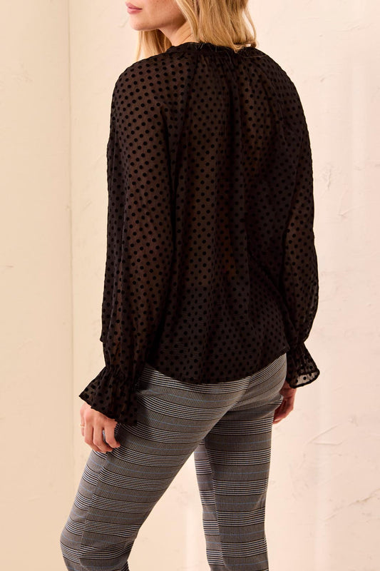 TRIBAL Chiffon Swiss Dot Bow Tie Neck Blouse - Black