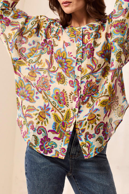 TRIBAL FLOWY DOLMAN SLEEVE BLOUSE WITH SELF-COVERING BUTTONS