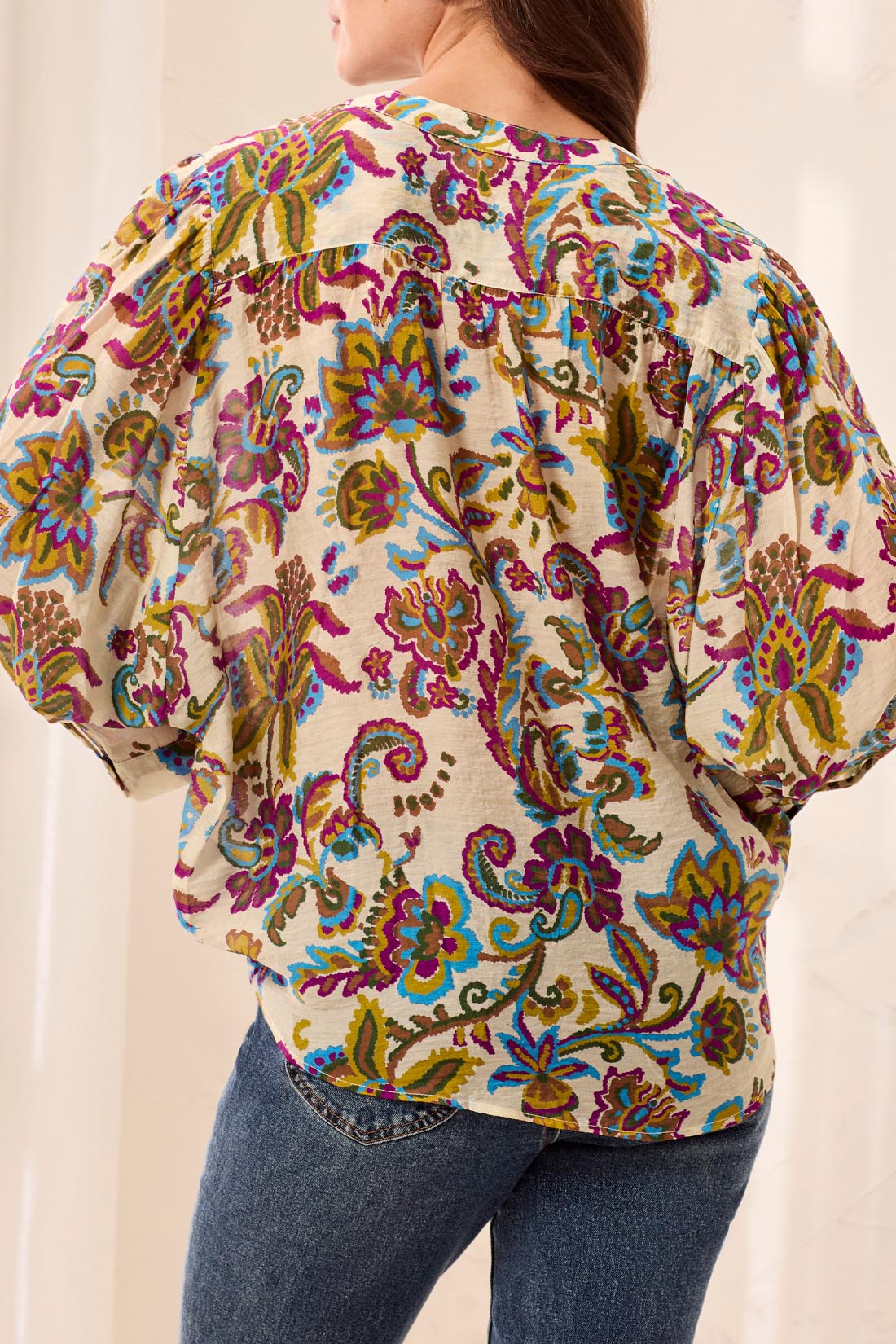 TRIBAL FLOWY DOLMAN SLEEVE BLOUSE WITH SELF-COVERING BUTTONS