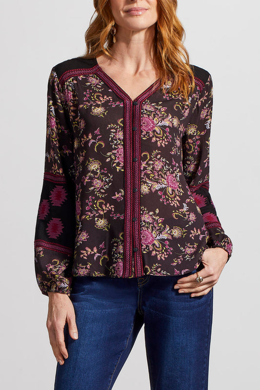 TRIBAL LONG-SLEEVE BUTTON FRONT BLOUSE WITH EMBROIDERY