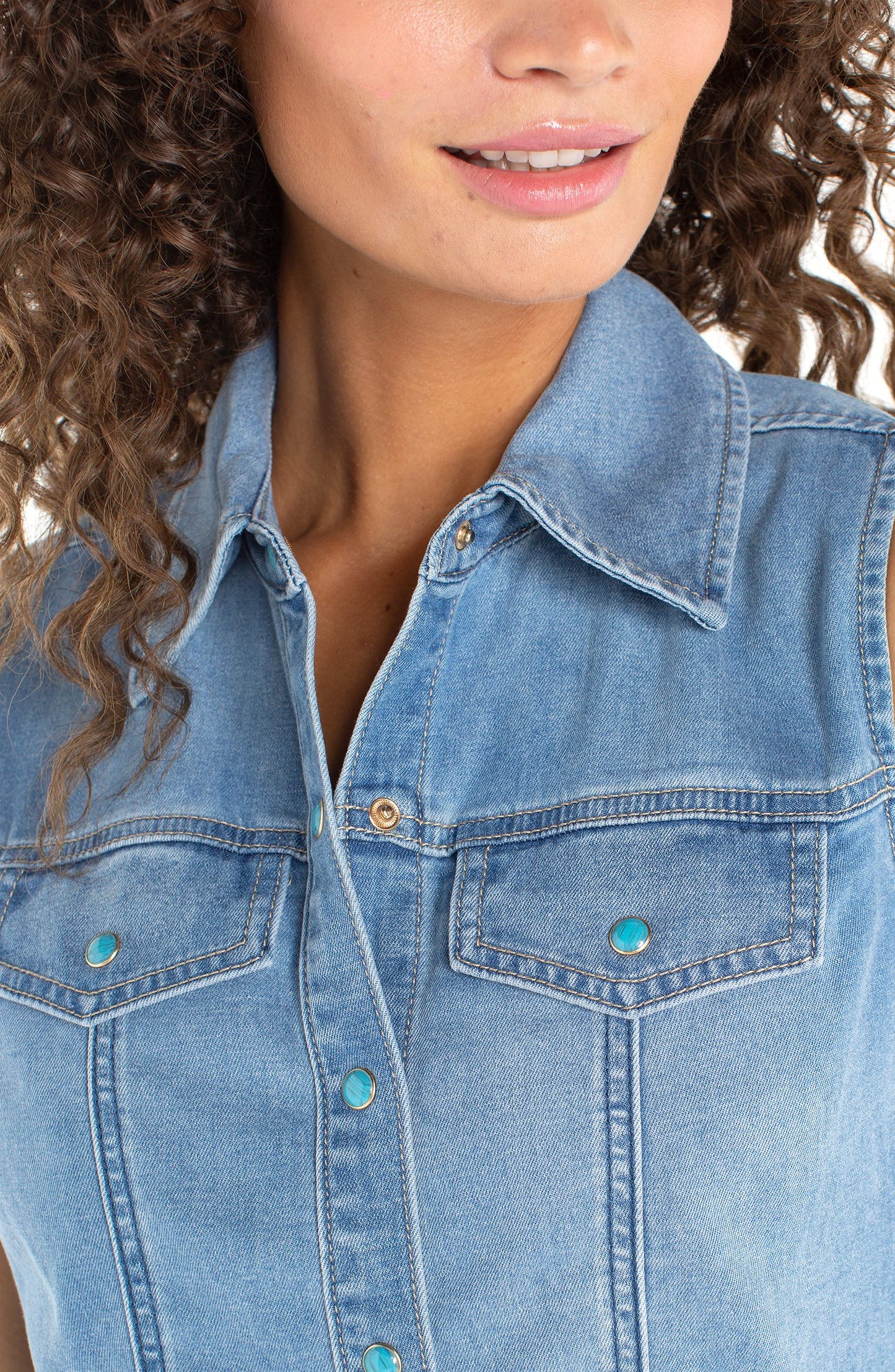 Liverpool Sleeveless Denim Shirt Turquoise Buttons