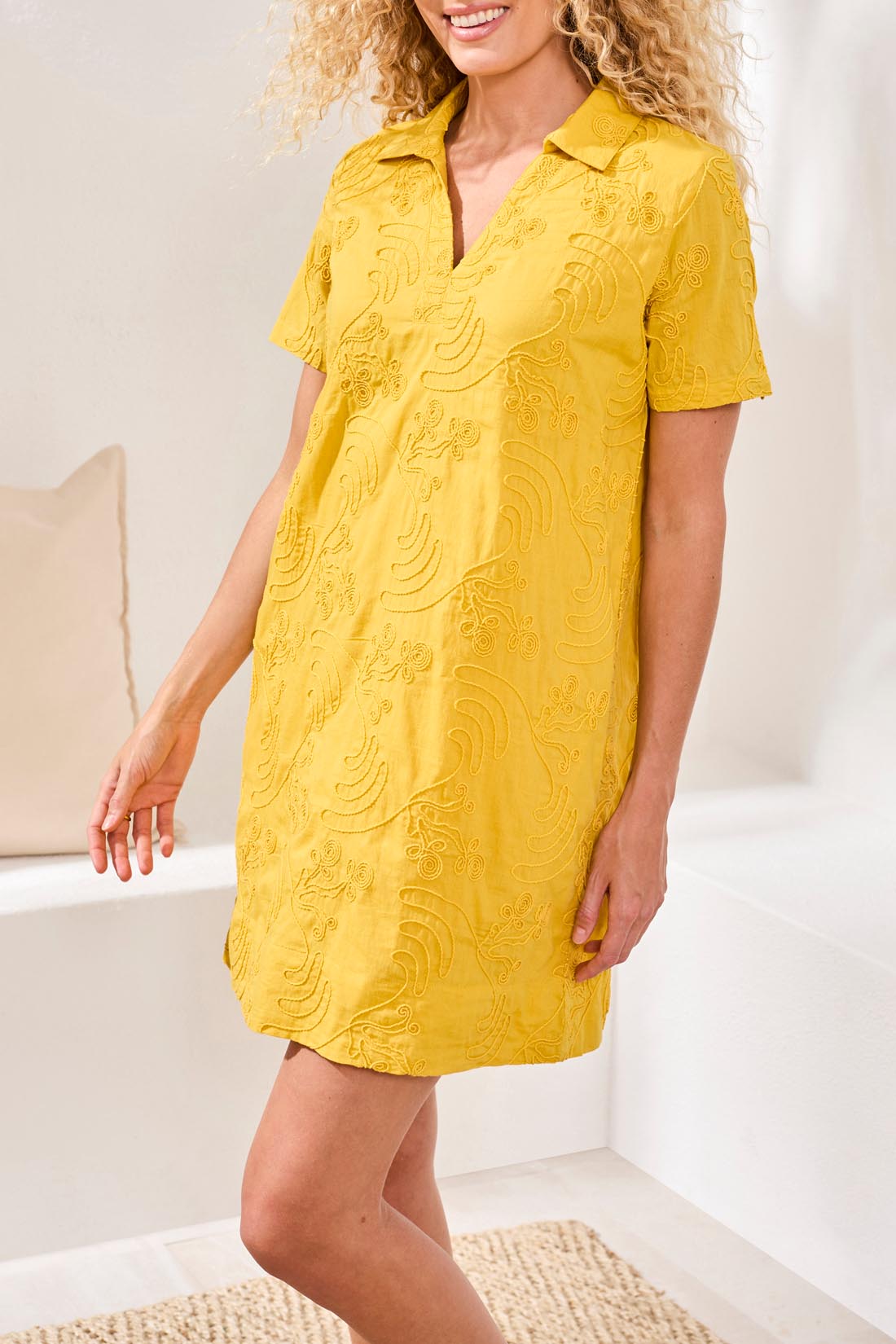 TRIBAL ELBOW SLEEVE V-NECK TUNIC DRESS- Lemon