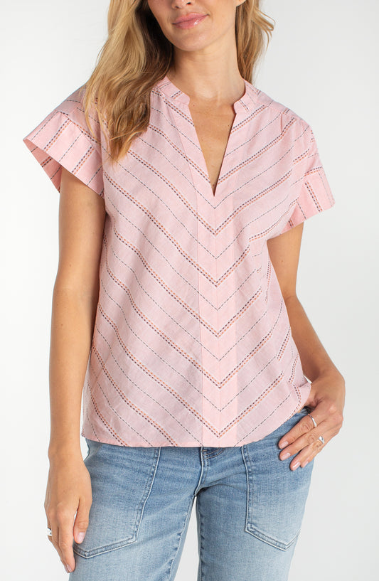 Liverpool Pink Stripe Short Sleeve Popover Woven Top