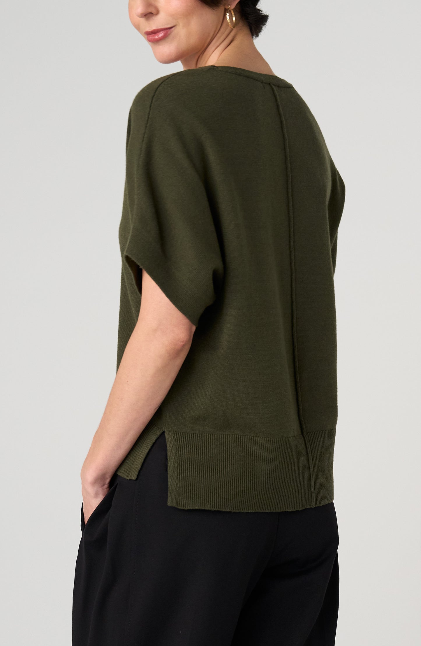 Liverpool Short Sleeve V-Neck Dolman Popover Sweater with Step Hem- Java or Hunter Green