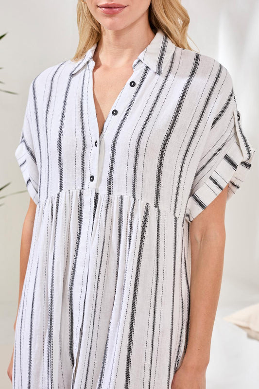 TRIBAL FLOWY SHIRT DRESS W/ SLIT & HIDDEN PLACKET-White/Black