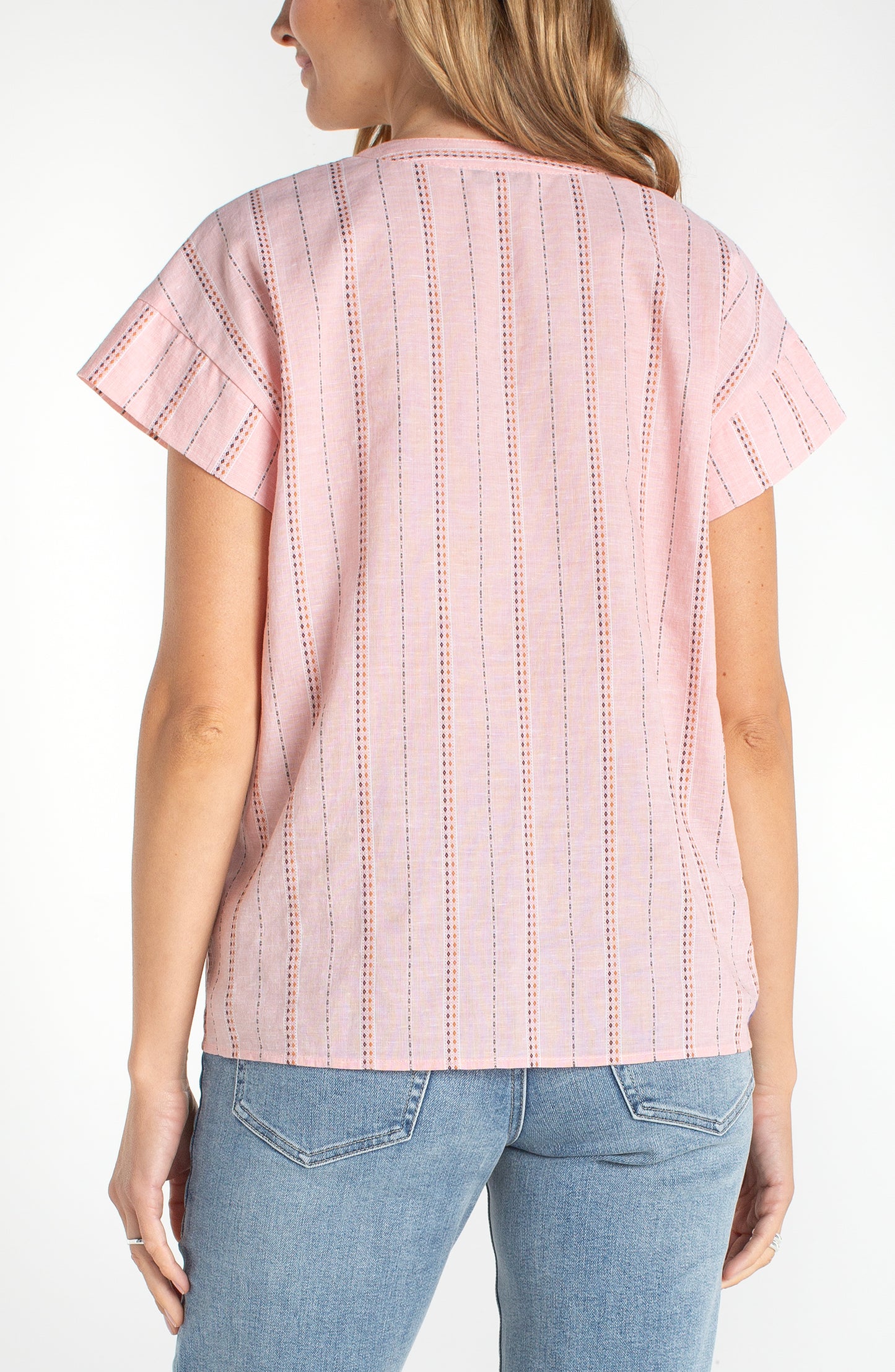 Liverpool Pink Stripe Short Sleeve Popover Woven Top