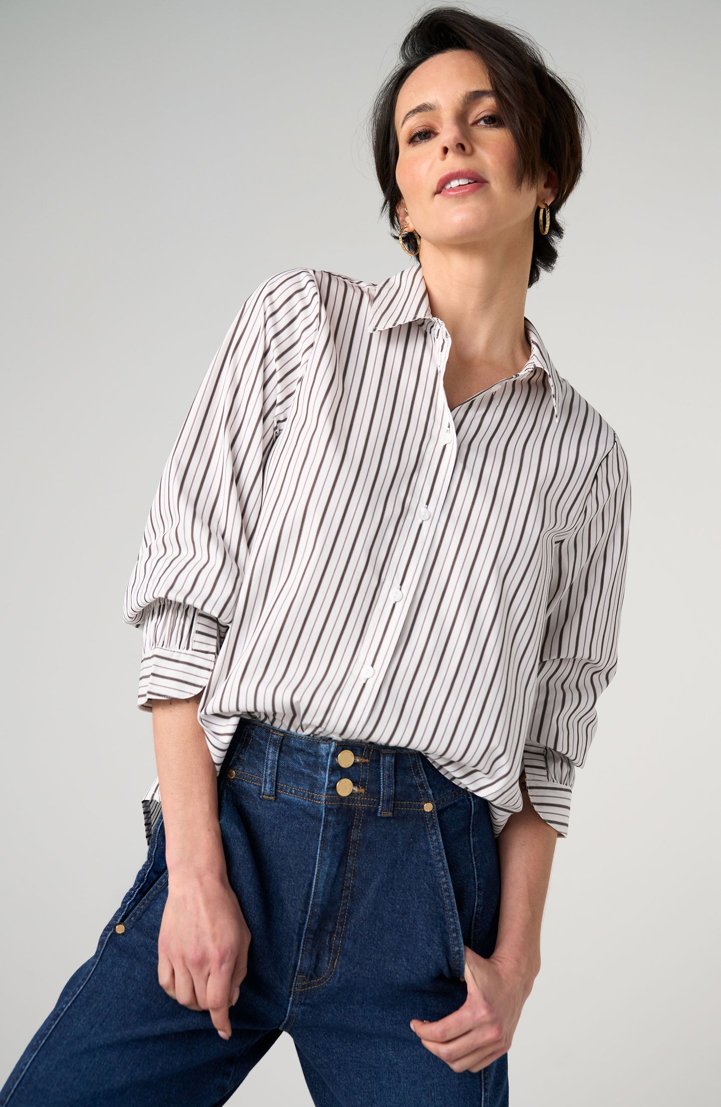 Liverpool Adjustable Sleeve Button Front Woven Top - Cream dark espresso