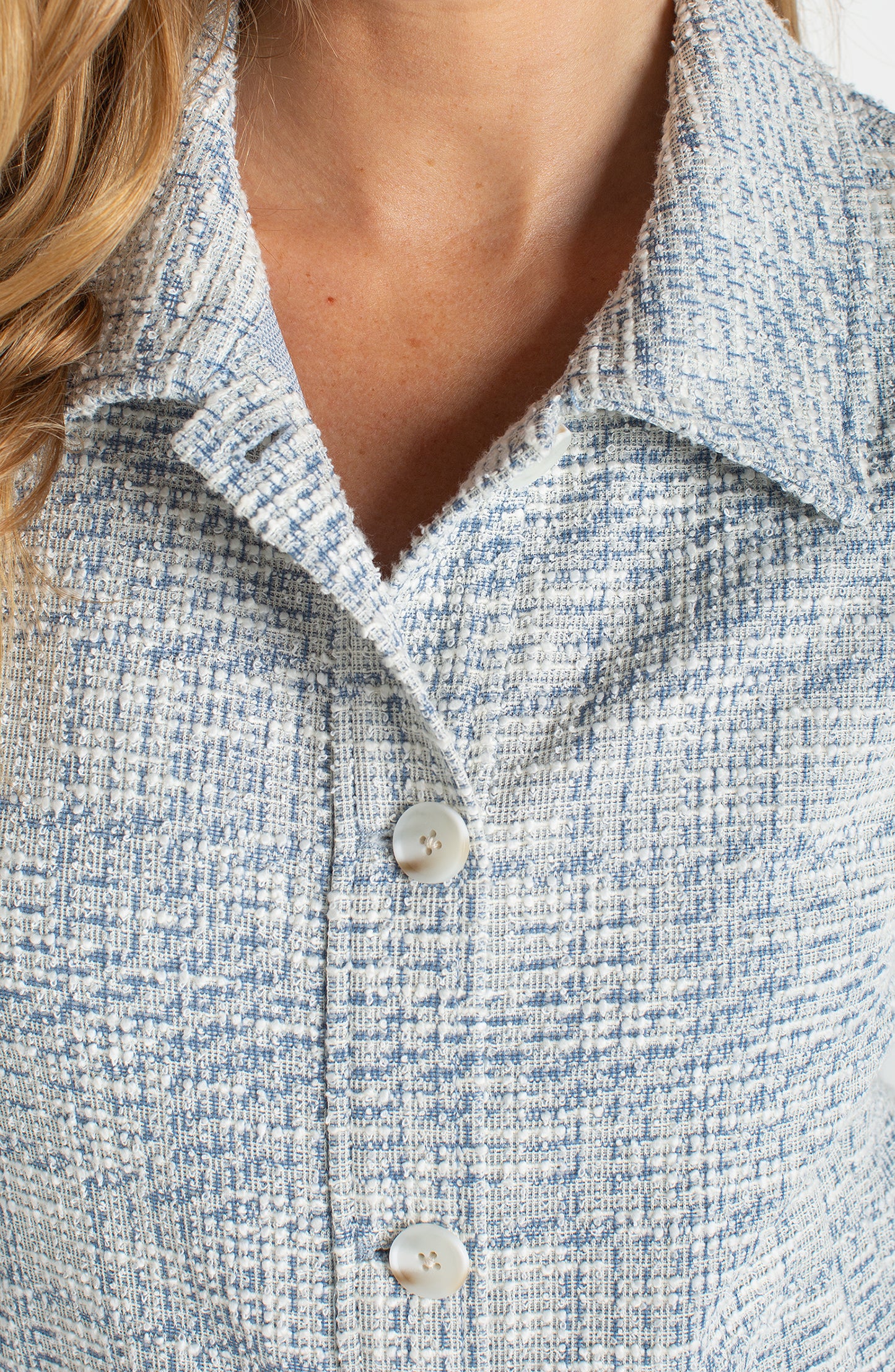 Liverpool Cream Blue Plaid short puff sleeve jacket 22' hps