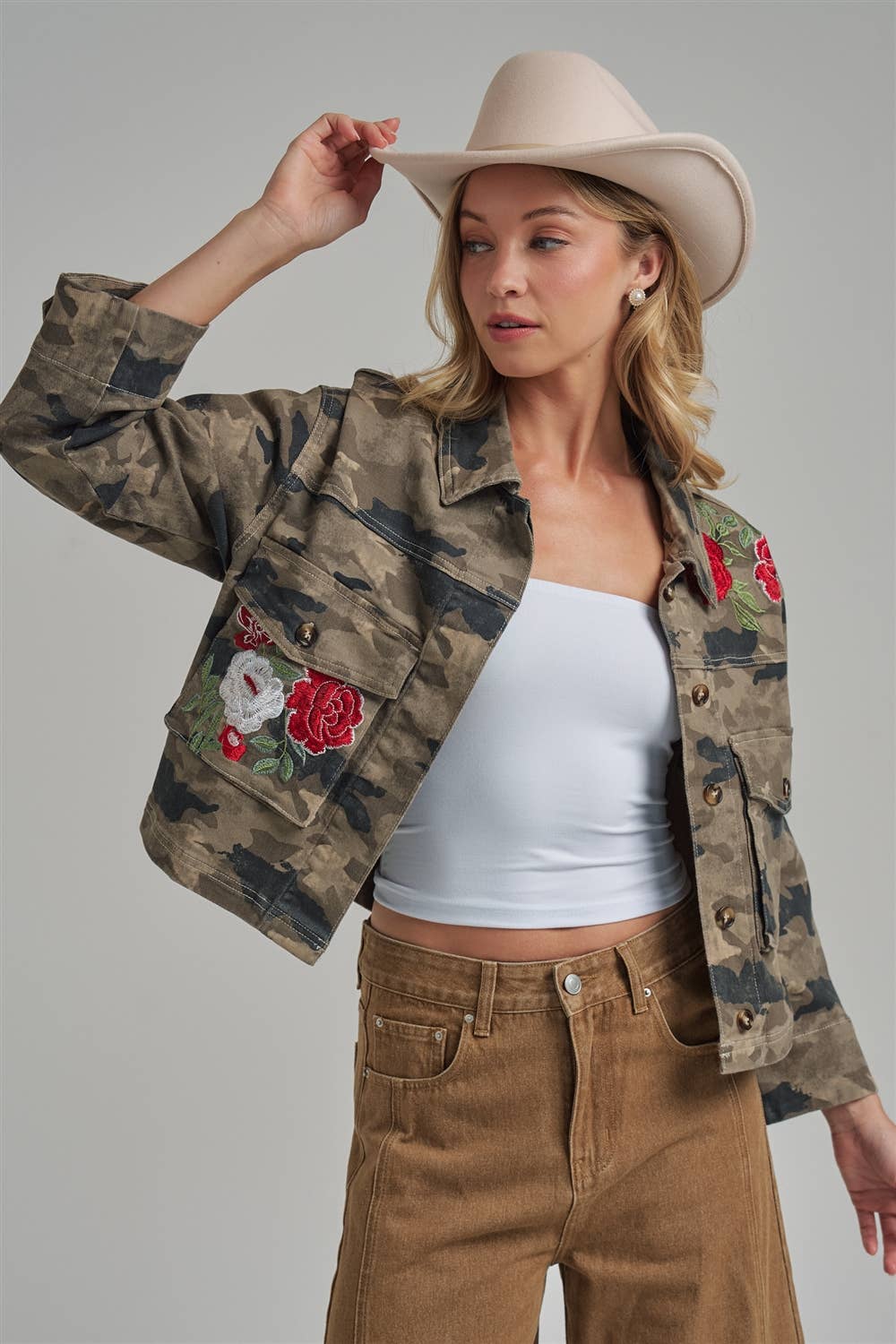 CAMOUFLAGE JACKET WITH FLORAL EMBROIDERY