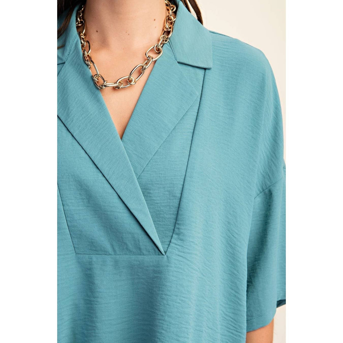 V-Neck Collared Pop Over Top-Teal or Dusty Pink