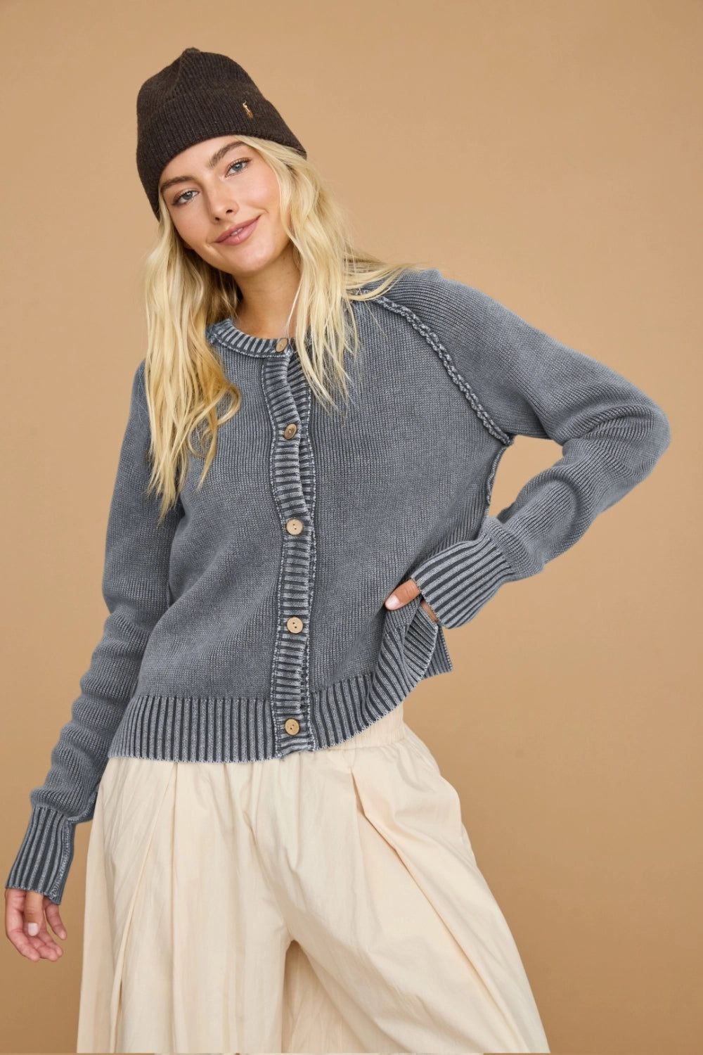 Washed Exposed Seam Button Front Knit Cardigan