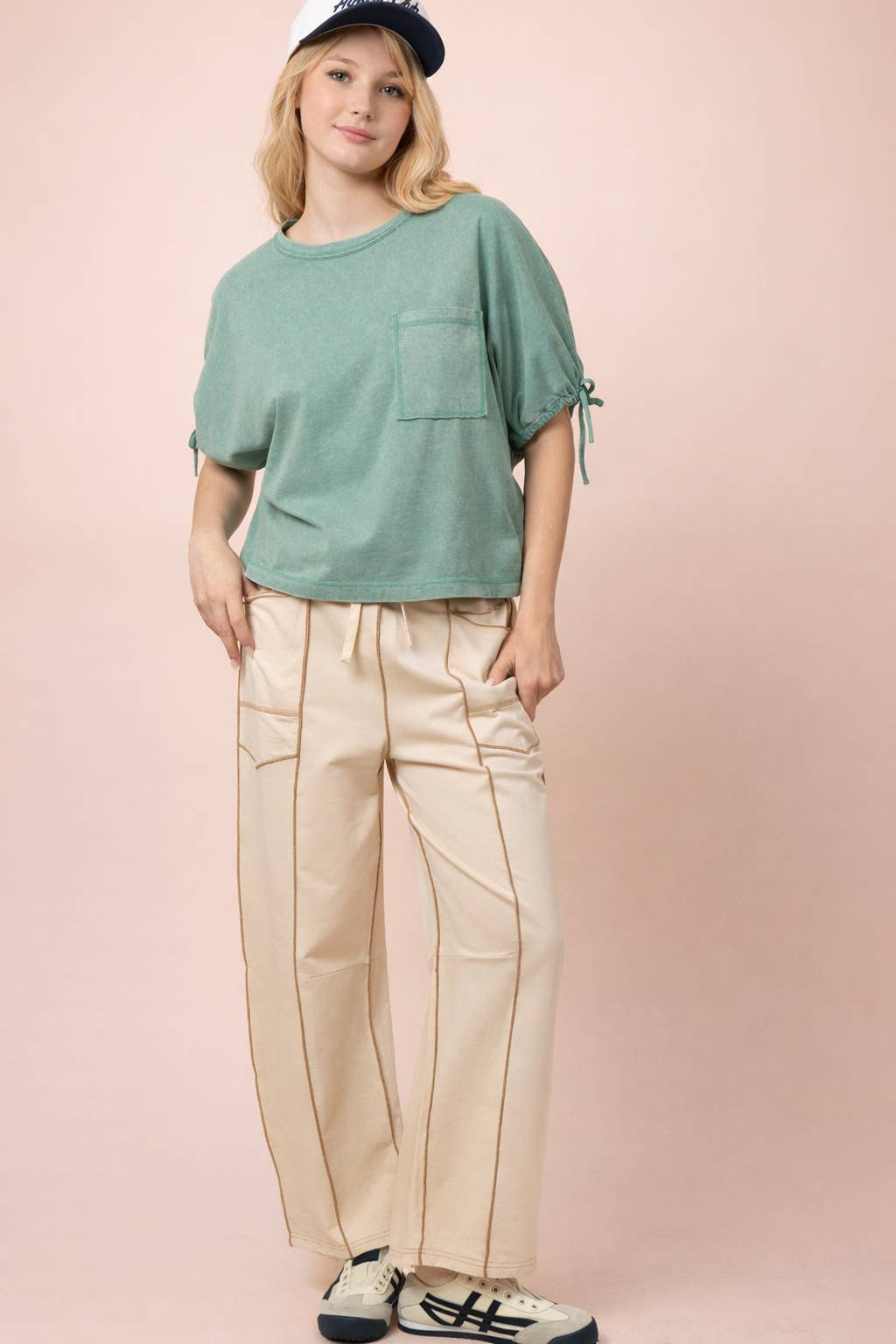 Mineral Washed Sleeve Tie Detail Knit Top