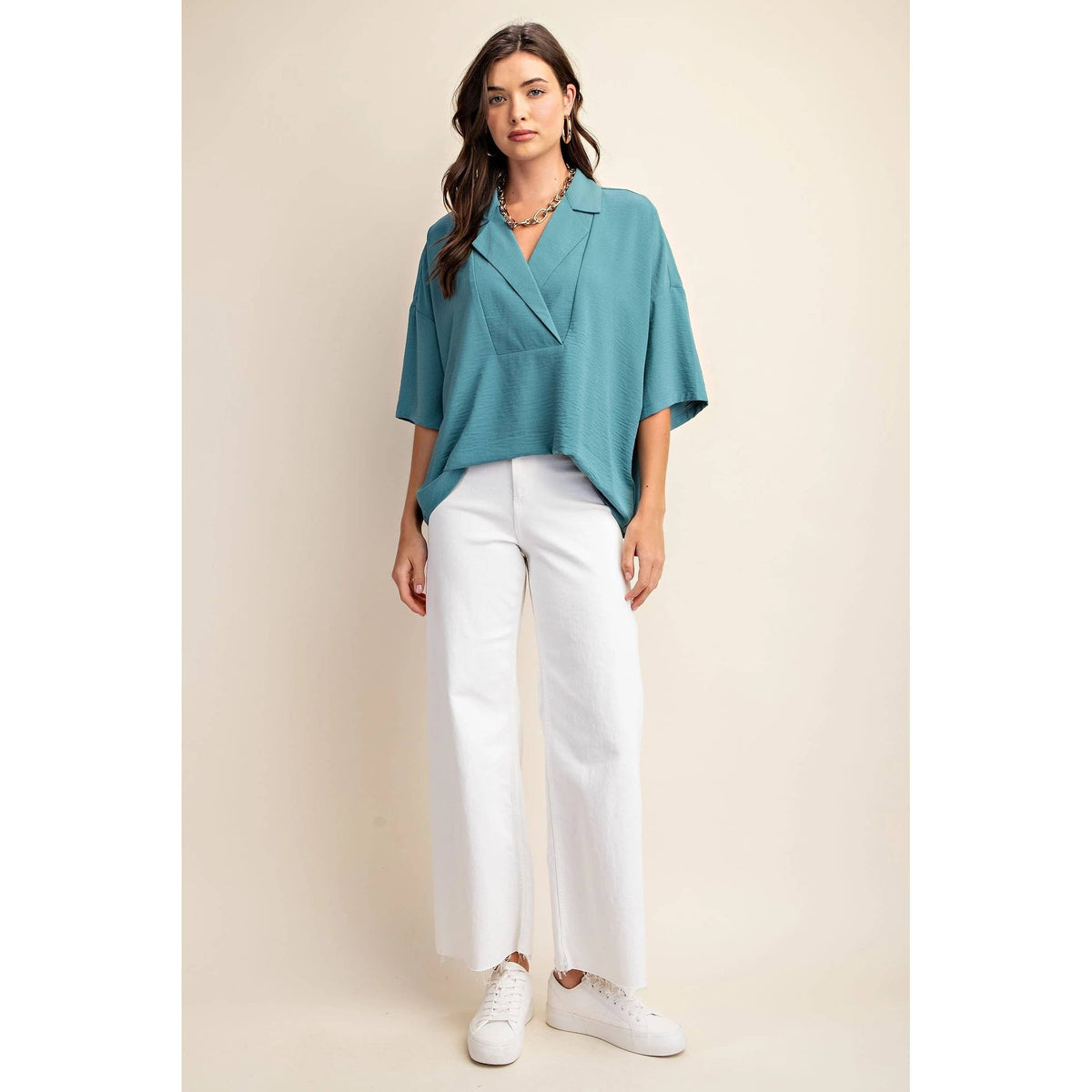 V-Neck Collared Pop Over Top-Teal or Dusty Pink