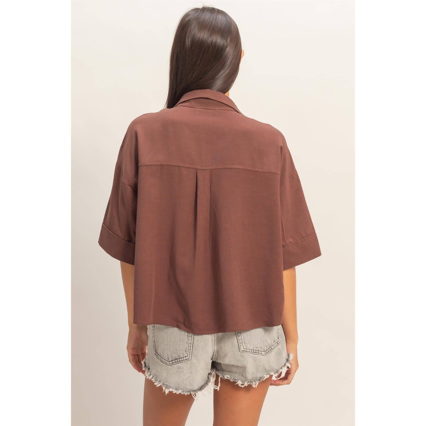 Chocolate Button-Up Collared Short Sleeve Shirt