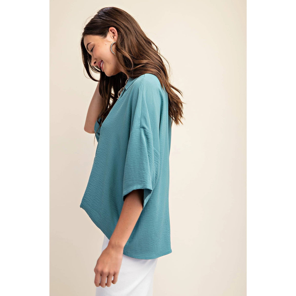 V-Neck Collared Pop Over Top-Teal or Dusty Pink