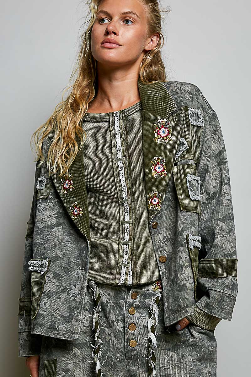 Vintage Wash Thermal Patch Floral Embroidery Jacket Top