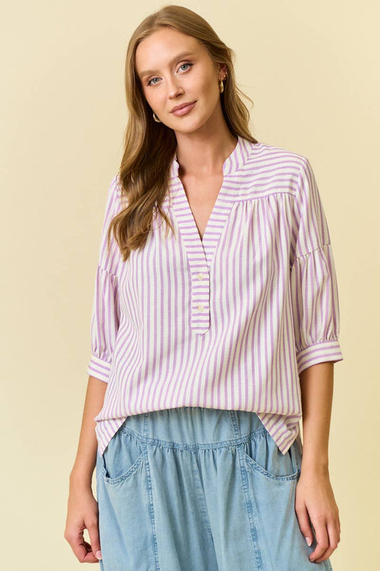 LAVENDER STRIPED PUFF SLEEVE PULLOVER TOP