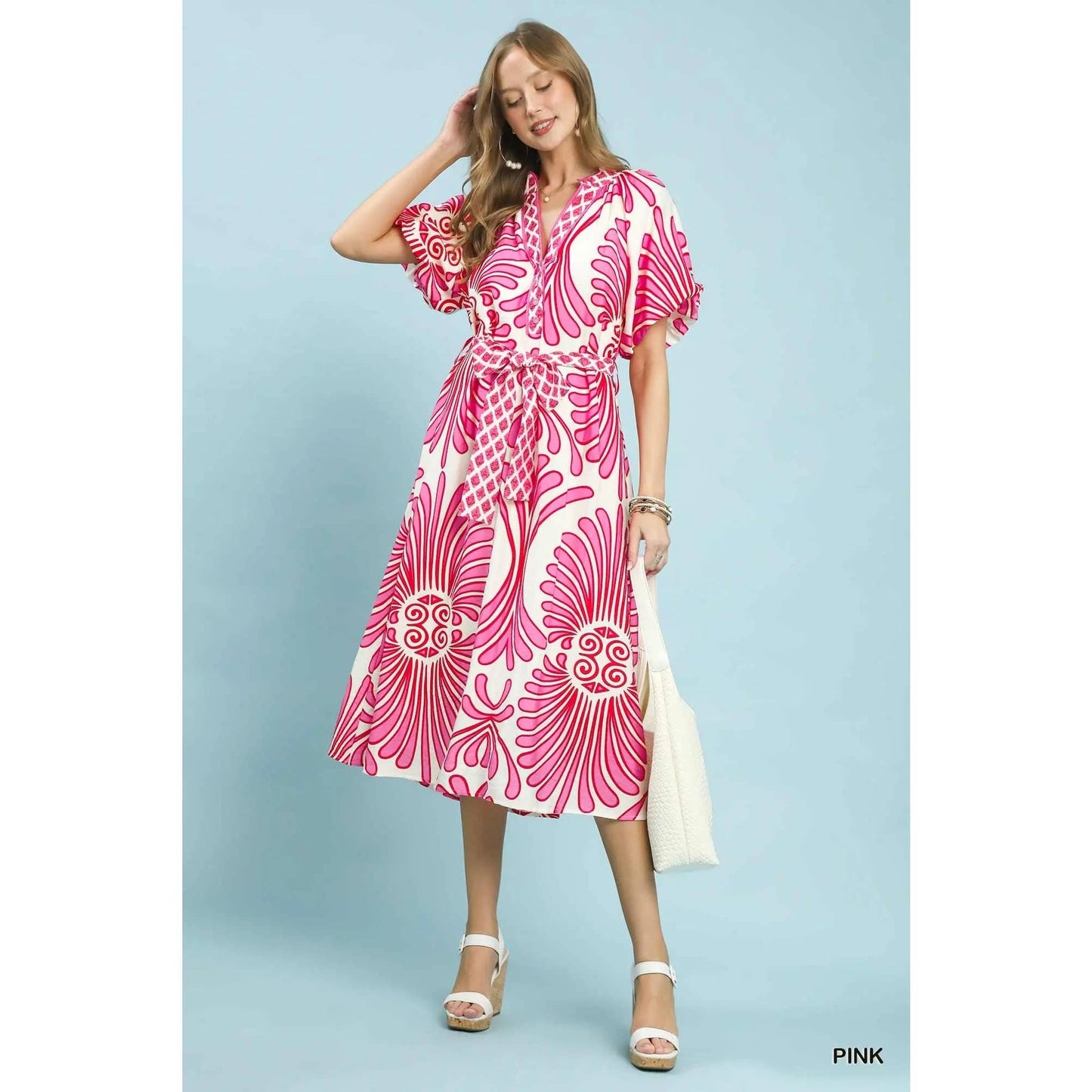 Geo Floral Belted Midi Dress