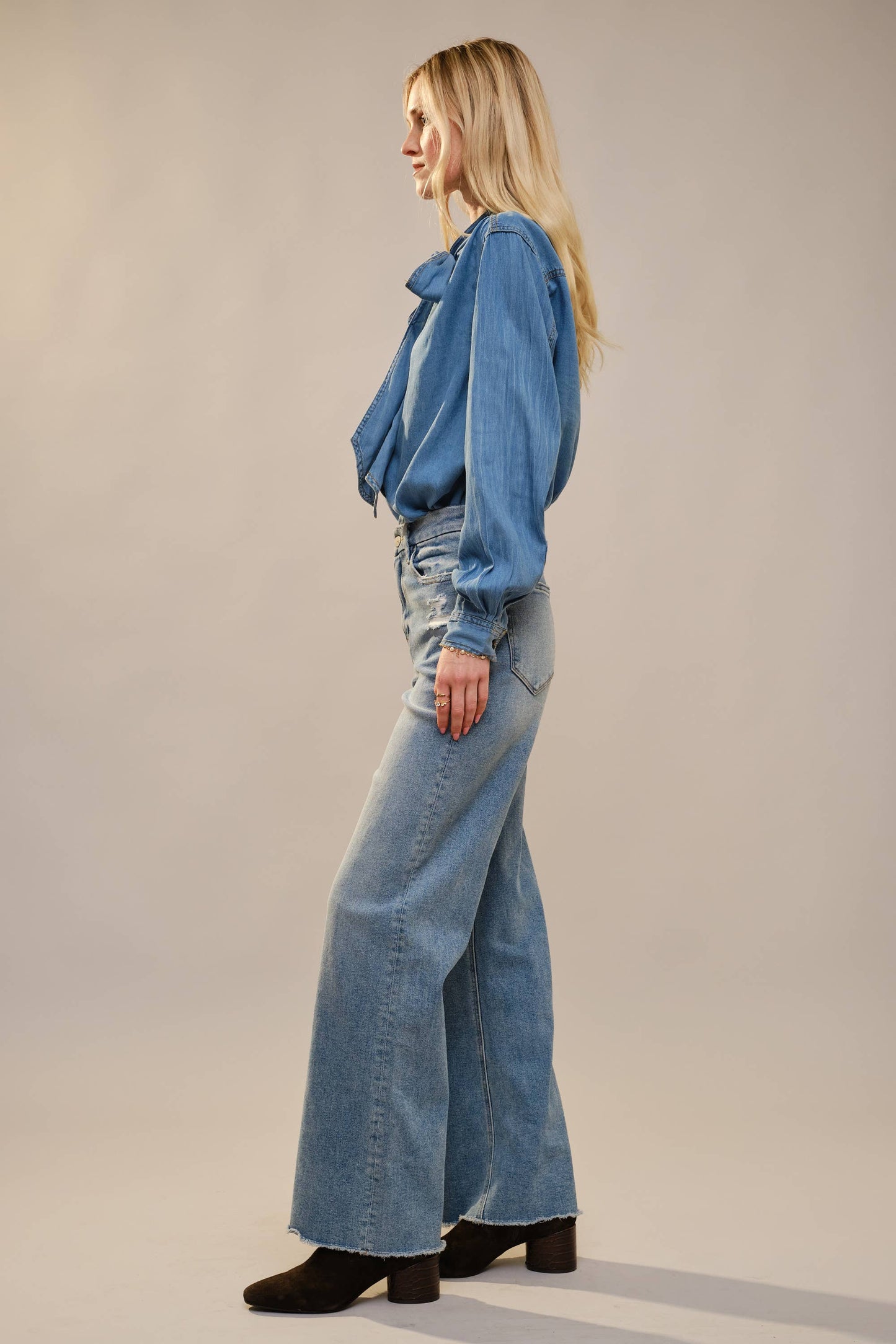 Tie Neck Hidden Button Chambray Blouse