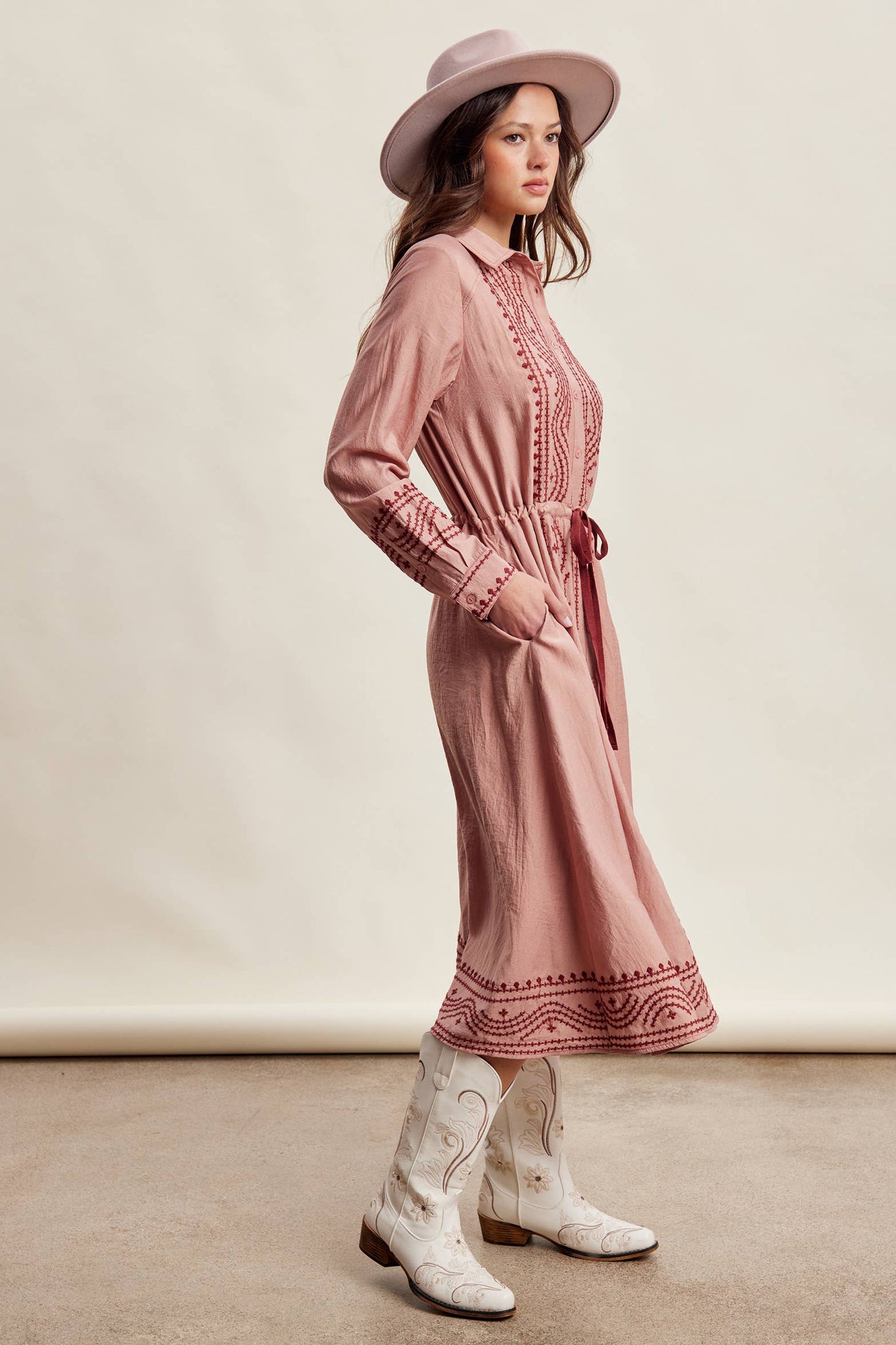 Embroidered Button Front Midi