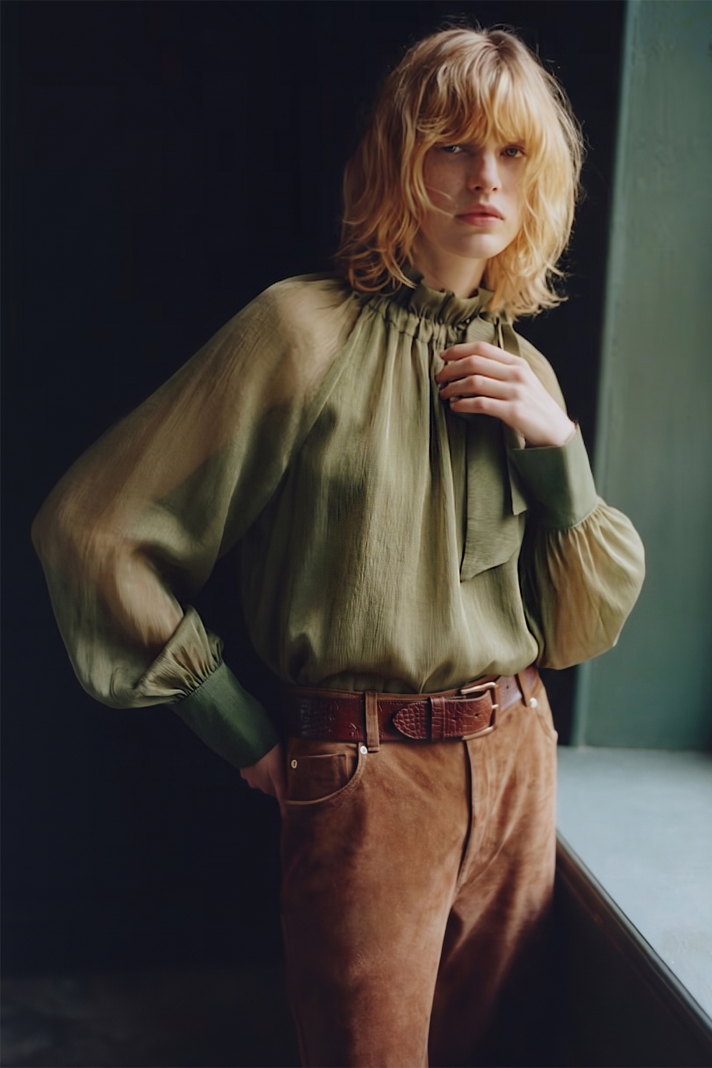 Ruffle Neck Adjustable Tie Long Sleeve Blouse