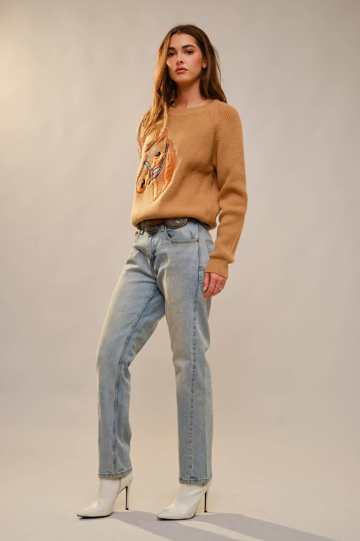 Horse Embroidery Knit Pullover Sweater