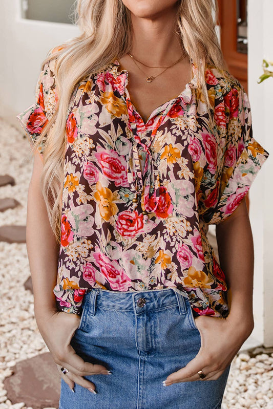 Floral Print Tie-Neck Short Sleeve Shift Blouse