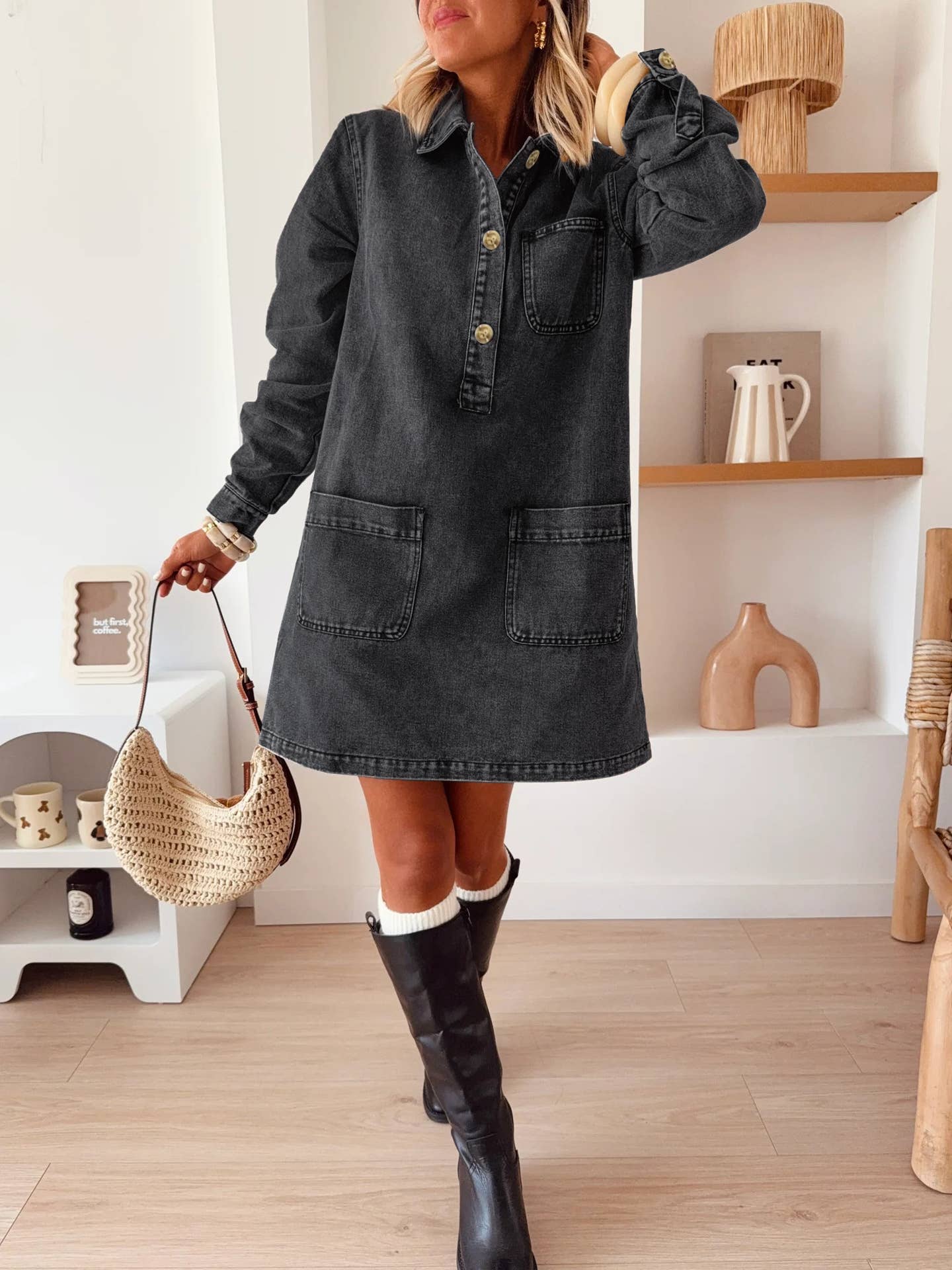 Vintage Pop-Over Black Denim Dress