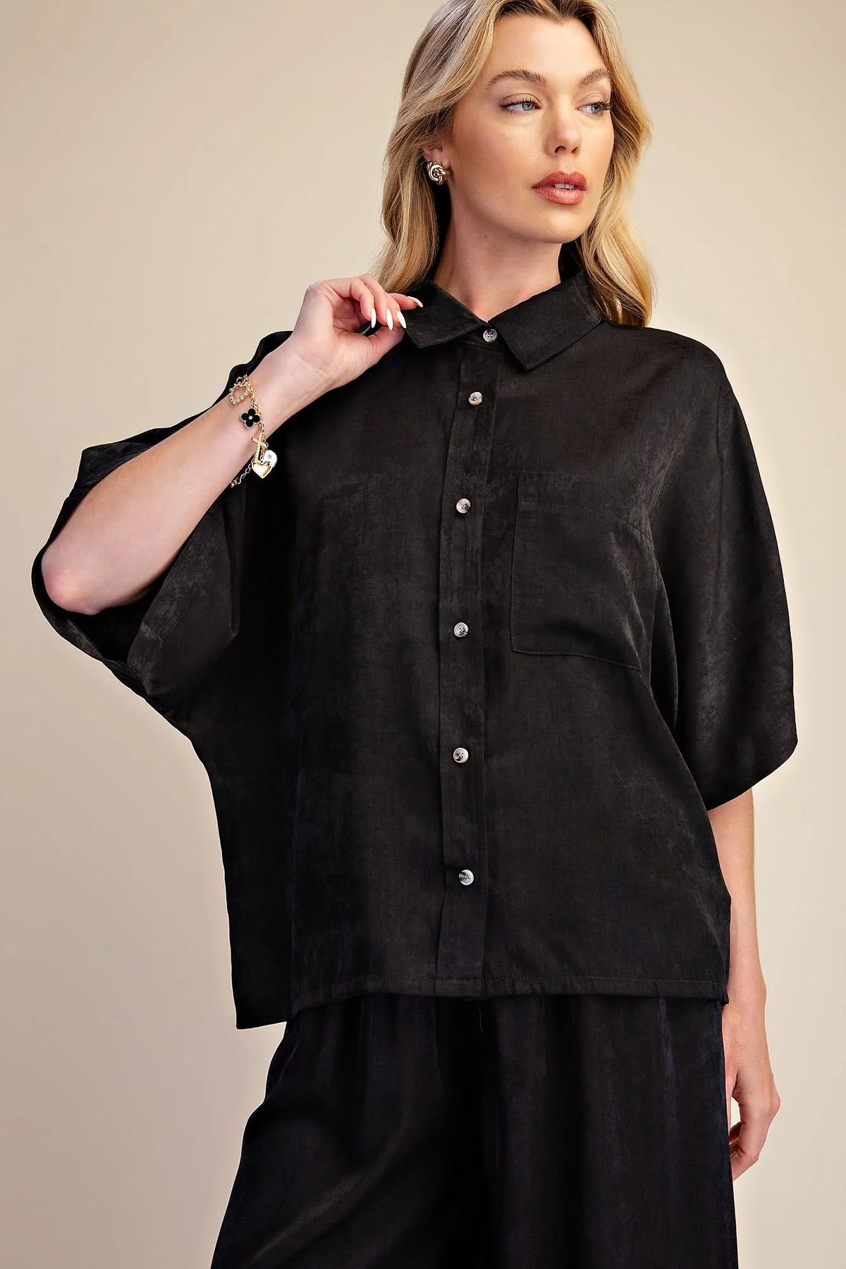 Button Down Black Flowy Shirt With Dolman Sleeve & Drawstring Wide Leg Pants Set