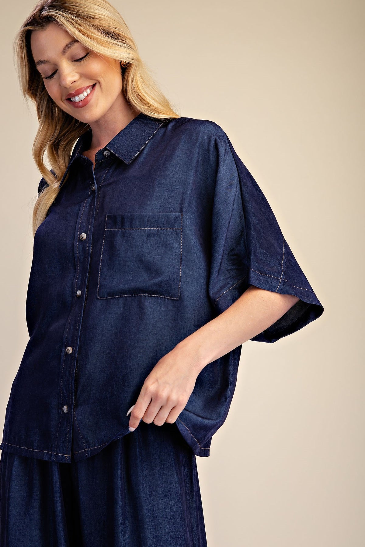 Button Down Indigo Flowy Shirt With Dolman Sleeve & Drawstring Wide Leg Pants Set