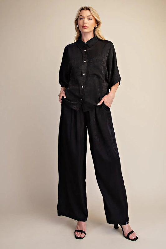 Button Down Black Flowy Shirt With Dolman Sleeve & Drawstring Wide Leg Pants Set