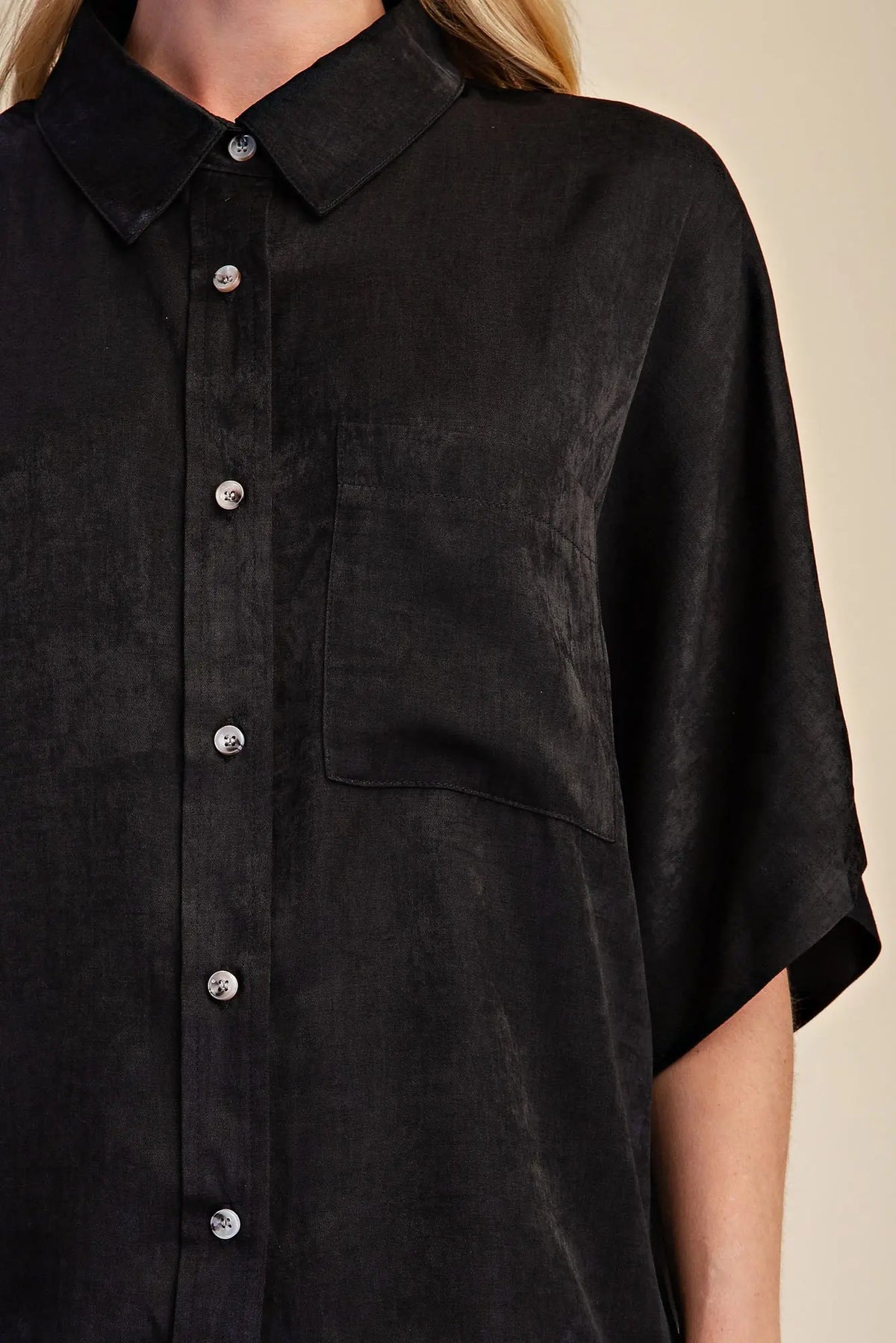 Button Down Black Flowy Shirt With Dolman Sleeve & Drawstring Wide Leg Pants Set